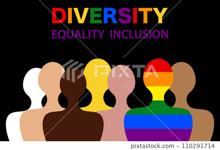 Inclusion and diversity. Silhouettes of people and LGBTQ+ set, banner gay pride concept for website, colorful rainbow sign, vector illustration isolated on black background  110291714