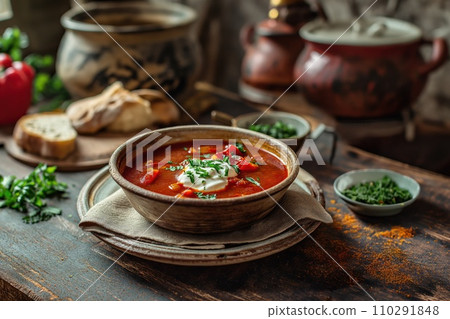 AI-generated content. Traditional Ukrainian beetroot soup borsch 110291848