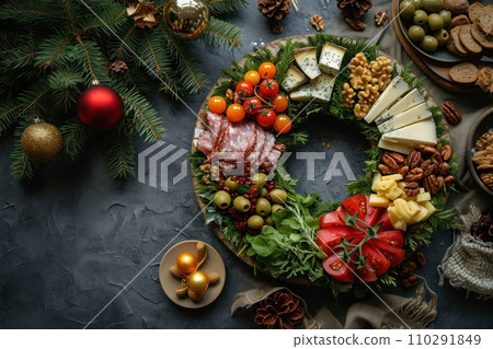 AI-generated content. Different antipasto in shape of Christmas wreath 110291849