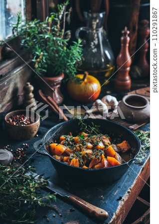 AI-generated content. Pot with baked season vegetables 110291867