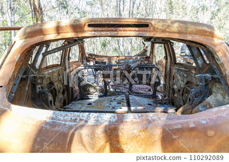 The interior of a small car left on a dirt road in a forest that has been burnt out and destroyed The interior of a small car left on a dirt road in a forest that has been burnt out and destroyed 110292089