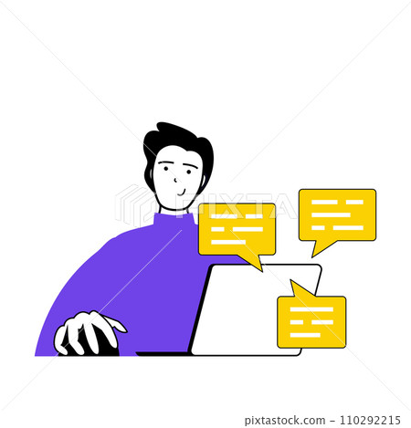 Contact us concept with cartoon people in flat design for web. Man communicating with clients online using messengers and chats. Vector illustration for social media banner, marketing material. Contact us concept with cartoon people in flat design for web. Man communicating with clients online using messengers and chats. Vector illustration for social media banner, marketing material. 110292215