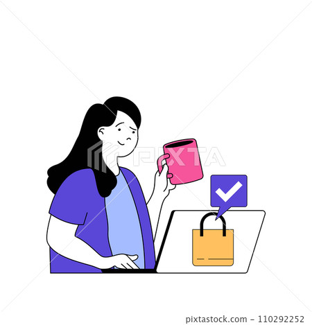 Shopping concept with cartoon people in flat design for web. Woman making bargain purchases and ordering online using laptop at home. Vector illustration for social media banner, marketing material. 110292252