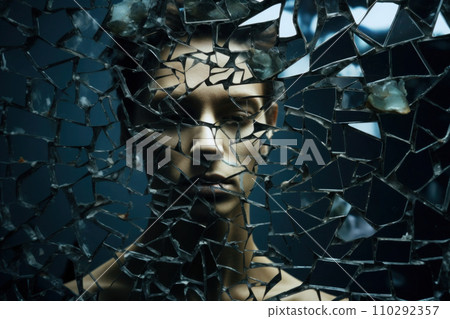 Face looking through shattered mirror. Generative AI 110292357