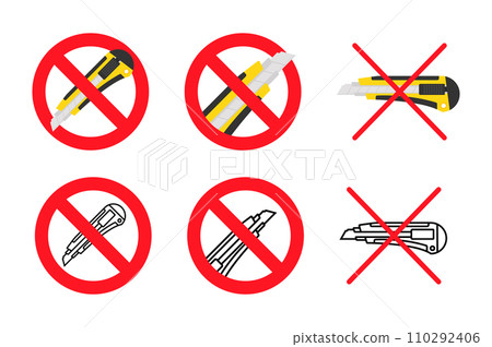 Prohibition signs vector illustration set forbidding stationery knives and cutters, ideal for safety guidelines and restricted tool use policies. 110292406