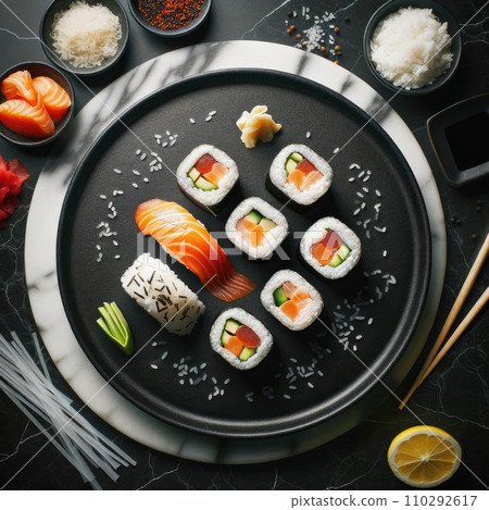 AI-generated content. Sushi rolls set on a black plate. Best for food photography style poster, collage, design. Illustration of tasty lunch, dinner, appetizer. Concept of japanese food, healthy food 110292617