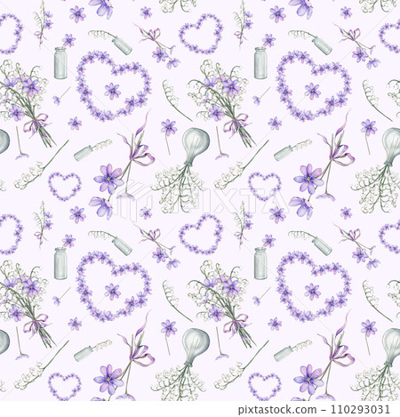 Seamless pattern wallpaper watercolor spring flowers. Heart coppice first lilac spring flowers. Delicate lily of the valley. Illustration hand drawn texture with white and violet flowers. Valentine Seamless pattern wallpaper watercolor spring flowers. Heart coppice first lilac spring flowers. Delicate lily of the valley. Illustration hand drawn texture with white and violet flowers. Valentine 110293031