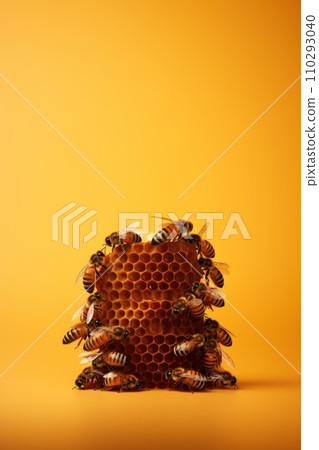 Beehive honeycomb insects, brown yellow hive, honey bees nature, pollination colony buzzing, bee queen, worker, drone, wax, generative AI, JPG 110293040