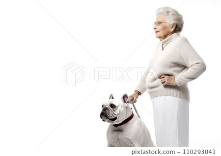 Elder woman with bulldog, white background, elderly lady, pet lover, bulldog portrait, senior, generative AI, JPG 110293041