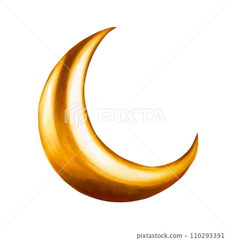 Watercolor Islamic arabian golden crescent moon illustration isolated on white background. Muslim golden hand drawn holiday Ramadan Kareem or Eid Al Adha 2024. For designers, prints, postcards, 110293391