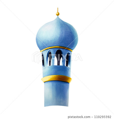 Watercolor Islamic minaret with illustration isolated on white background. Muslim hand drawn holiday Ramadan Kareem or Eid Al Adha 2024. For designers, prints, postcards, wrapping paper, holiday, 110293392