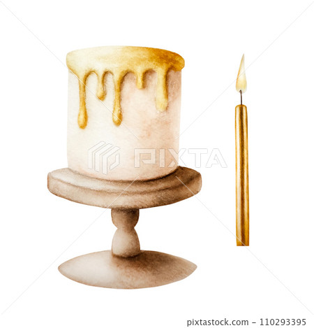 Watercolor birthday, holiday cake with golden candle on a wood stand. Hand drawn golden cream illustration isolated on white background. Shiny element for designers, prints, baby shower, postcards, 110293395