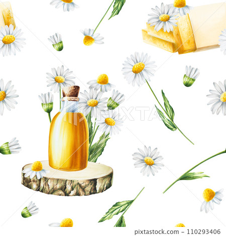 Watercolor seamless pattern with white daisy flowers illustration and oil glass bottle with cork cap on a wooden saw isolated on background. Chamomile. Detail of beauty products and botany set, 110293406
