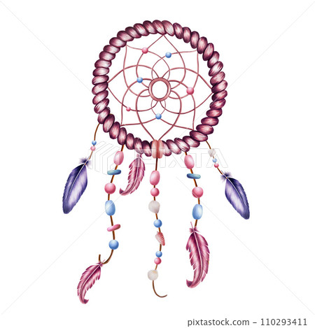 Marker illustration of ethnic handmade woven willow hoop for a dreamcatcher, beads on a rope beads on a rope with feathers in watercolor style. Hand painted cradle protector isolated on white 110293411