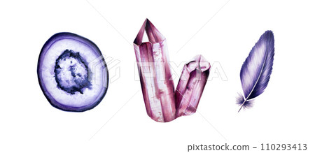 Hand drawn gemstone Agate, diamond and amethyst slice crystal and feather marker illustrations in watercolor style. Mineral isolated on white background. Clip art for designers, cards, invitations, Hand drawn gemstone Agate, diamond and amethyst slice crystal and feather marker illustrations in watercolor style. Mineral isolated on white background. Clip art for designers, cards, invitations, 110293413