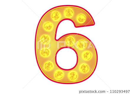 Light bulb number 6, glowing retro font. 3D rendering 110293497