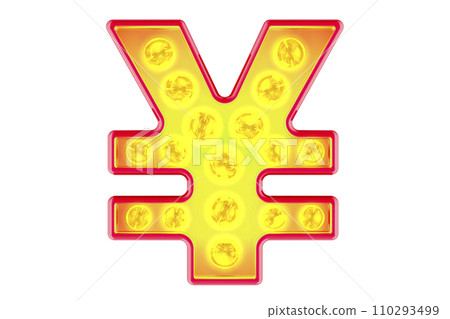 Light bulb yen or yuan sign, glowing retro font. 3D rendering Light bulb yen or yuan sign, glowing retro font. 3D rendering 110293499