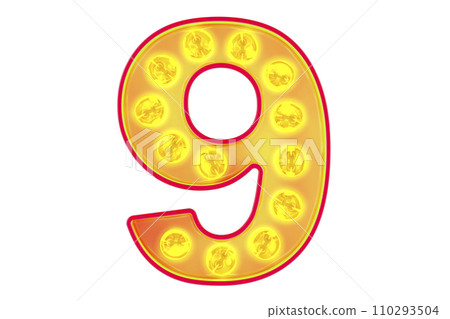 Light bulb number 9, glowing retro font. 3D rendering Light bulb number 9, glowing retro font. 3D rendering 110293504
