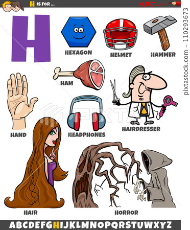 Letter H set with cartoon objects and characters 110293673