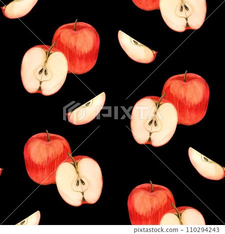 Seamless watercolor pattern. Red, ripe apples, half an apple with seeds and slices hand-painted in watercolor on a black background. Suitable for printing on fabric and paper, for kitchen decoration. Seamless watercolor pattern. Red, ripe apples, half an apple with seeds and slices hand-painted in watercolor on a black background. Suitable for printing on fabric and paper, for kitchen decoration. 110294243