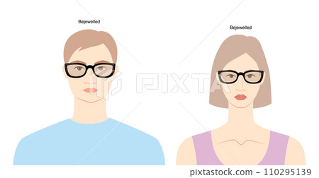 Bejewelled foxy frame glasses on women and men flat character fashion accessory illustration. Sunglass front view Bejewelled foxy frame glasses on women and men flat character fashion accessory illustration. Sunglass front view 110295139