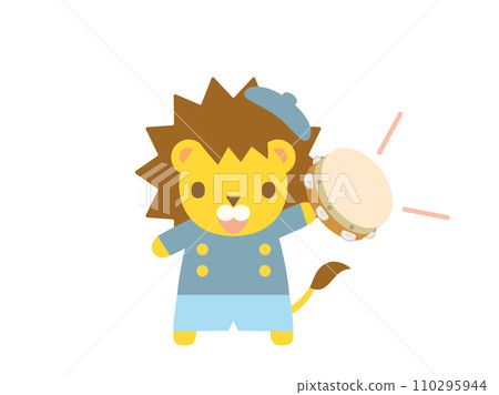 Illustration of a lion playing a tambourine 110295944