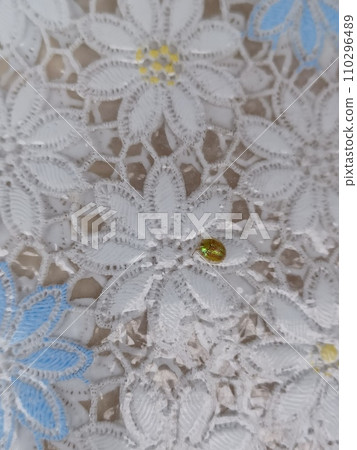 Golden insect perching on a white lace flower coated with vinyl Golden insect perching on a white lace flower coated with vinyl 110296489