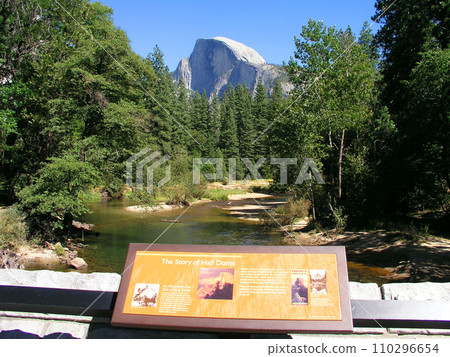 United States, World Heritage Site, Yosemite National Park, Yosemite Valley, Half Dome seen from the Merced River 110296654