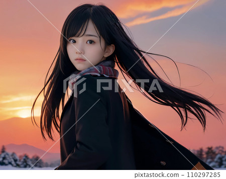 AI圖像:一位年輕女子悲傷地回頭望著雪落的夕陽 AI圖像:一位年輕女子悲傷地回頭望著雪落的夕陽 110297285