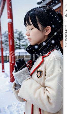 AI 圖像:在白雪皚皚的神社祈禱的年輕女子 AI 圖像:在白雪皚皚的神社祈禱的年輕女子 110297289