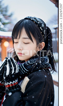 AI image: Young woman praying at a snowy shrine 110297297