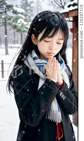 AI image: Young woman praying at a snowy shrine 110297318