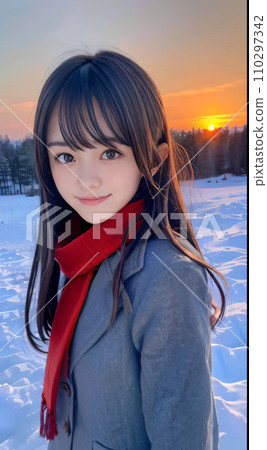 AI 圖片:雪景中夕陽微笑的年輕女子 AI 圖片:雪景中夕陽微笑的年輕女子 110297342