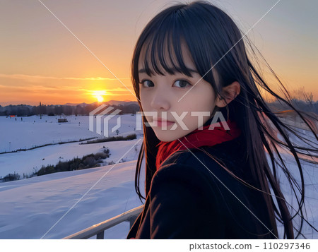 AI圖像：一位年輕女子悲傷地回頭望著雪落的夕陽 110297346