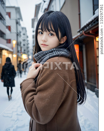 AI image: A young woman looking back sadly on a snowy street corner AI image: A young woman looking back sadly on a snowy street corner 110297361