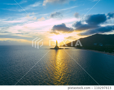Aerial view of Guanyin statue at seaside in nanshan temple, hainan island , China 110297813