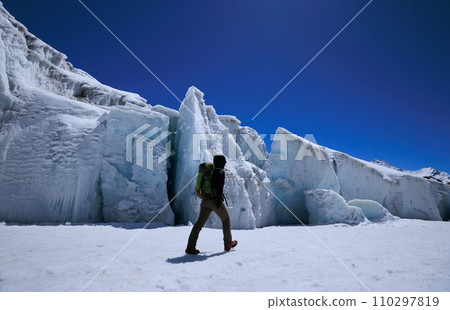 Woman hiker hiking in winter huge glacier mountain,China 110297819