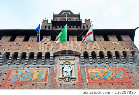 Italy Milan Sforzesco Castle Filete Tower St. Ambrose Statue Italy Milan Sforzesco Castle Filete Tower St. Ambrose Statue 110297850