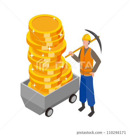 Illustration of a man working in a mine and gold coins Illustration of a man working in a mine and gold coins 110298171