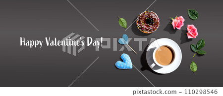 Valentines Day message with a cup of coffee and a donut 110298546