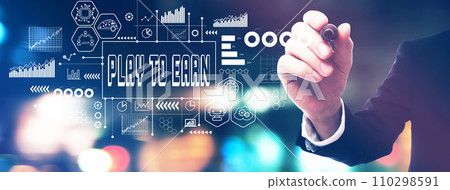 Play to Earn theme with a businessman holding a marker 110298591