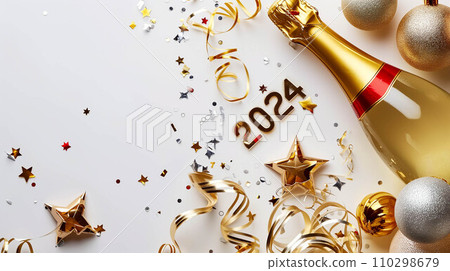 2024 golden champagne bottle, Christmas and New Year decoration. 110298679