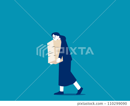 Overworked business person carry huge steak of documents. Business workplace vector concept 110299090
