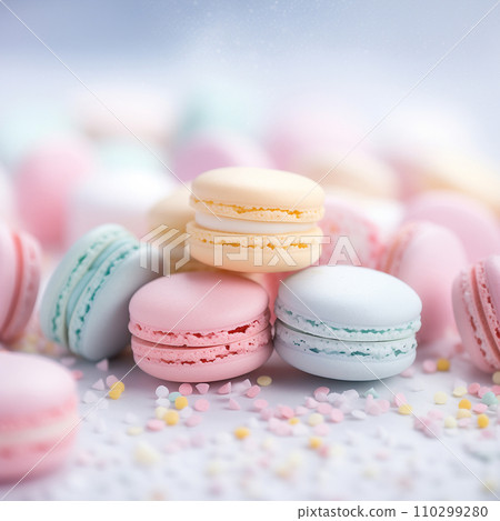 Variety Pastel color Closeup French macarons on blurred background and glittered star Sweet and dessert, Colorful french desserts square with copyspace. Generated AI 110299280