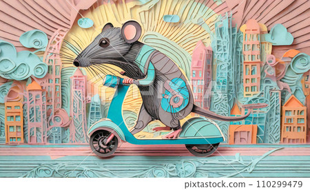 老鼠騎著電動浮板紙藝風格（AI 生成圖像） 110299479