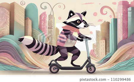 貉騎乘電動浮板，紙藝術風格（AI 生成圖像） 110299486