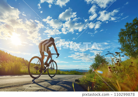 Cyclist riding bike sports outdoors on sunny day. Cyclist riding bike sports outdoors on sunny day. 110299878