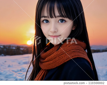 AI 圖片:雪景中夕陽微笑的年輕女子 AI 圖片:雪景中夕陽微笑的年輕女子 110300002
