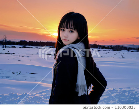 AI圖像：一位年輕女子悲傷地回頭望著雪落的夕陽 110300023