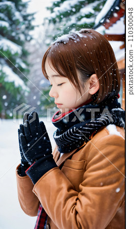 AI image: Young woman praying at a snowy shrine 110300048